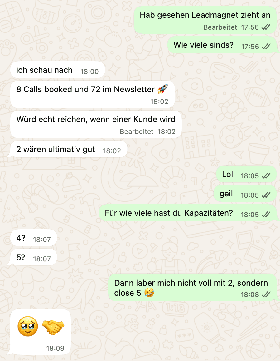 Screenshot: Kundennachricht über Leadmagnet und gebuchte Calls